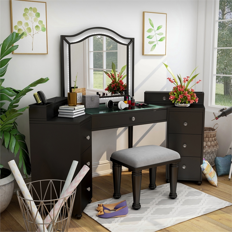 Furniture of America Laek Glam Wood 3-Piece Vanity Set in Obsidian Gray