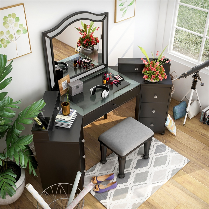 Furniture of America Laek Glam Wood 3-Piece Vanity Set in Obsidian Gray