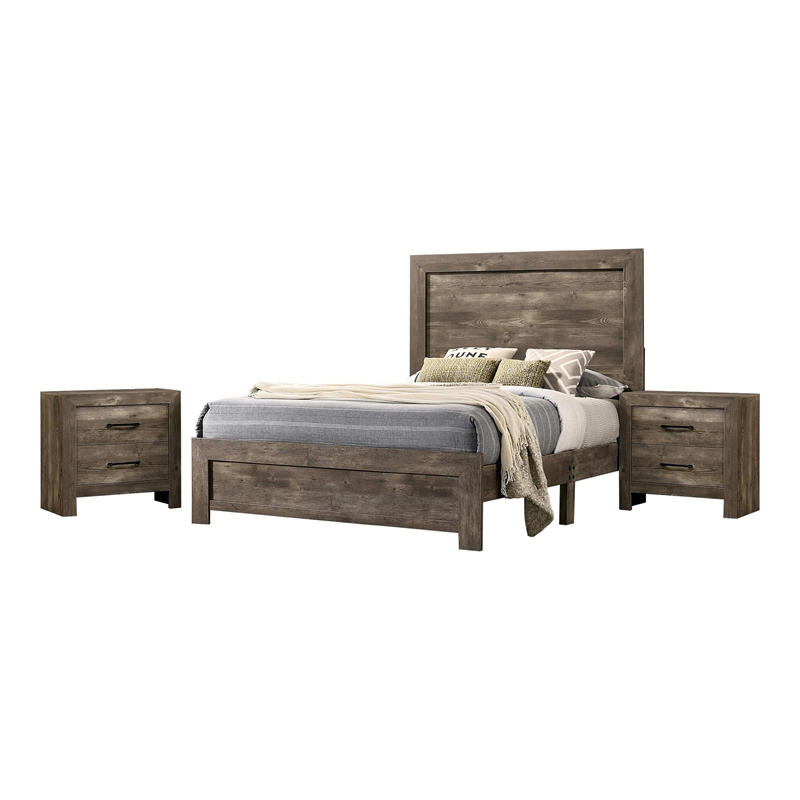 FOA Shoreview Rustic 3-Piece Natural Wood Bedroom Set - King + 2 Nightstands