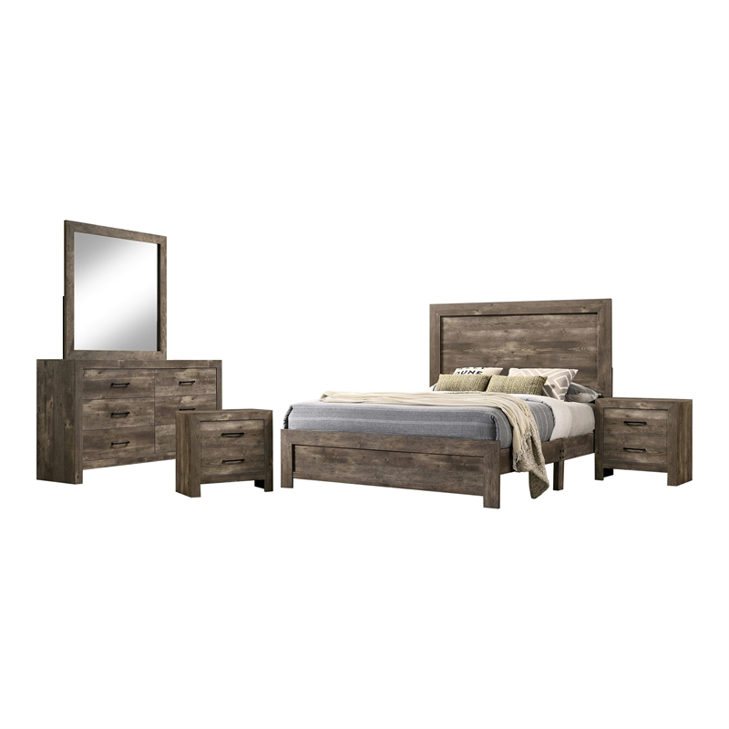 FOA Shoreview 5pc Natural Wood Bed Set - King+2 Nightstands+Dresser+Mirror