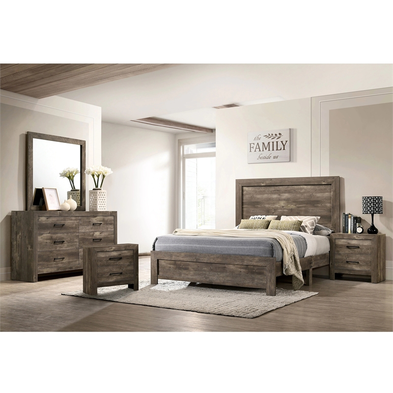 FOA Shoreview 5pc Natural Wood Bed Set - King+2 Nightstands+Dresser+Mirror