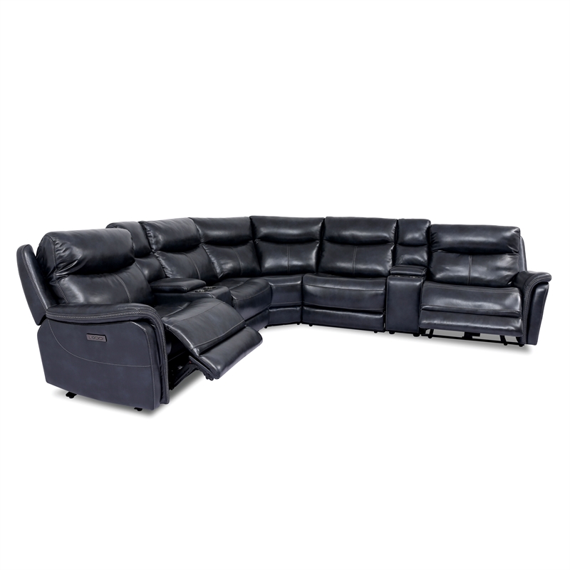 Furniture of America Crawe Transitional Leather Reclining Sectional in Dark Navy