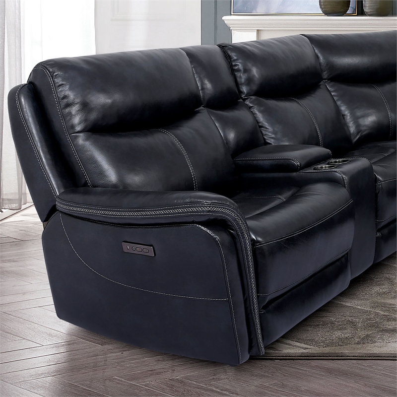 Furniture of America Crawe Transitional Leather Reclining Sectional in Dark Navy