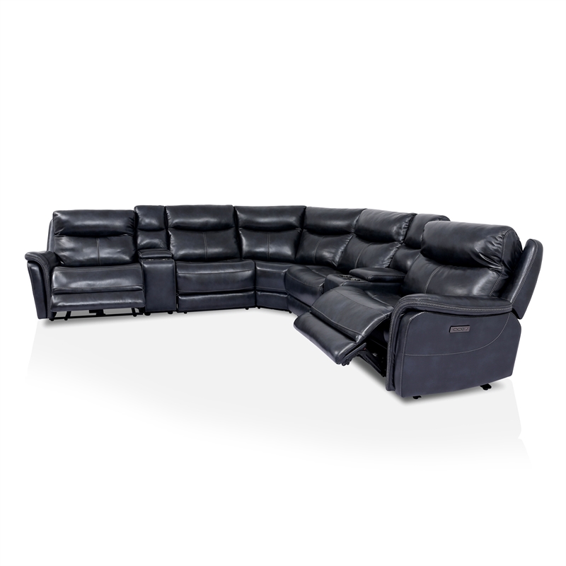 Furniture of America Crawe Transitional Leather Reclining Sectional in Dark Navy
