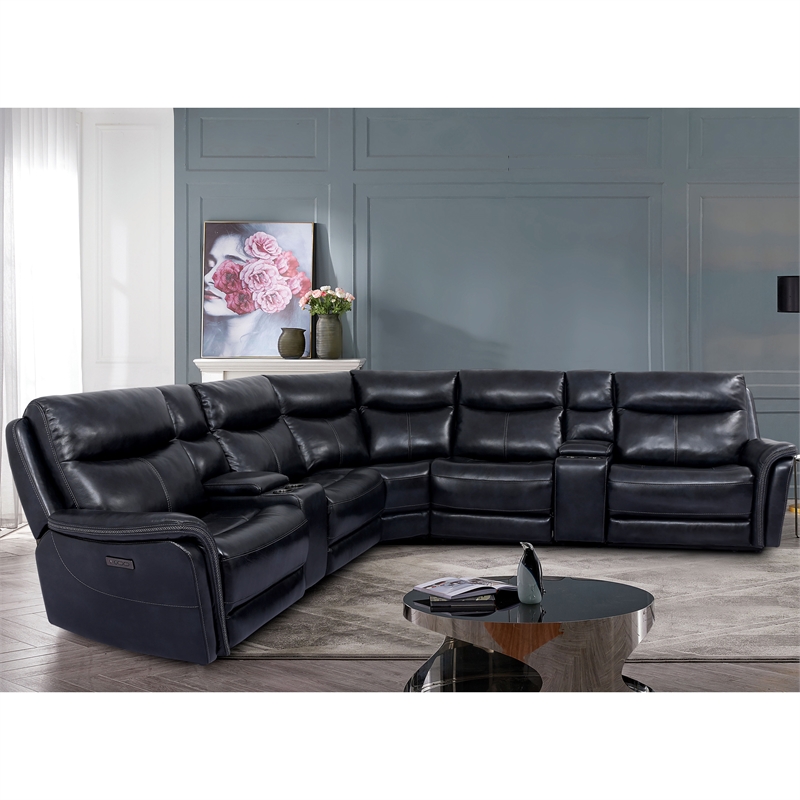 Furniture of America Crawe Transitional Leather Reclining Sectional in Dark Navy