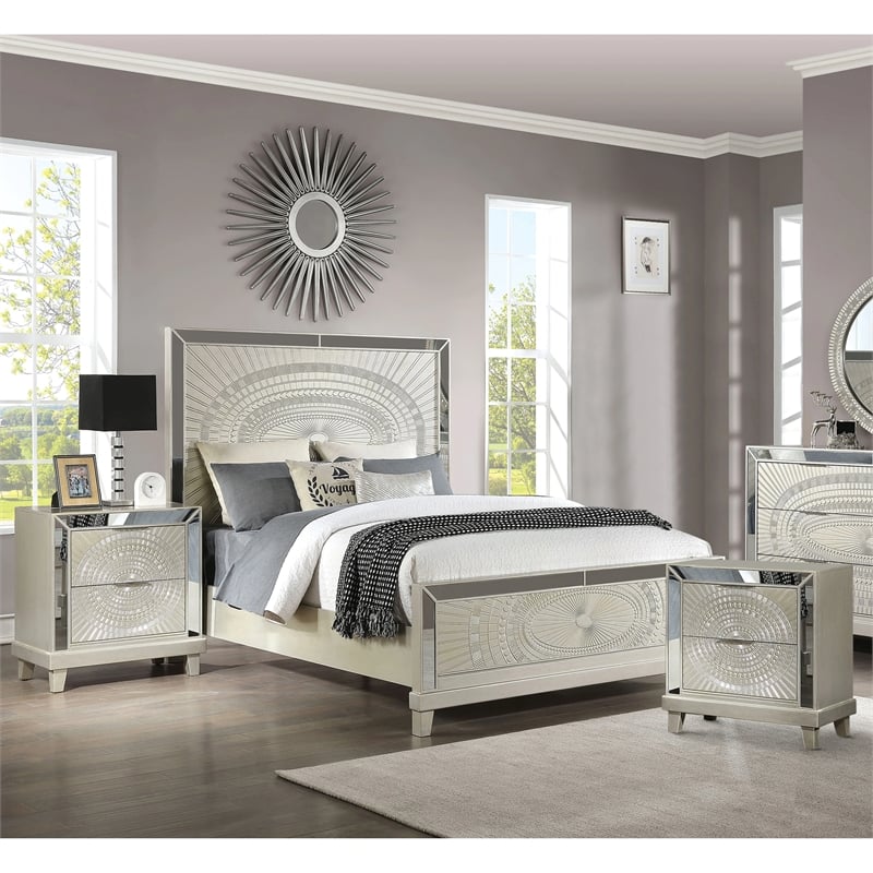 FOA Suie Glam 3-Piece Gold Champagne Wood Bedroom Set - Queen + 2 Nightstands