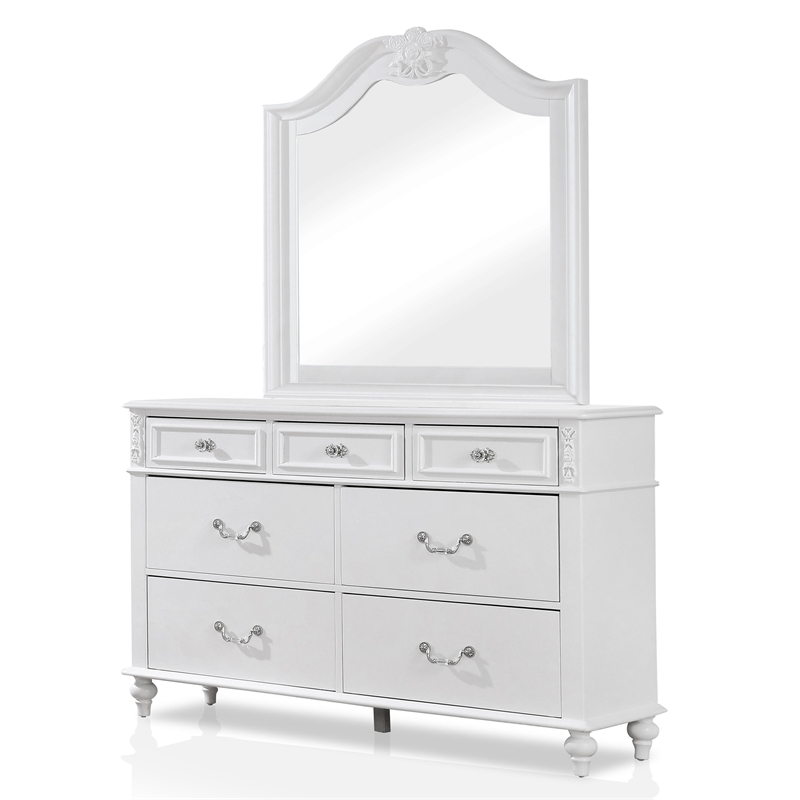 FOA Mondu 5pc White Wood Bedroom Set - Twin + 2 Nightstands + Dresser + Mirror