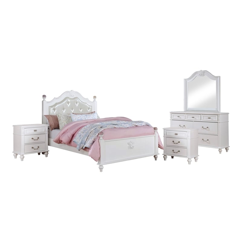 FOA Mondu 5pc White Wood Bedroom Set - Twin + 2 Nightstands + Dresser + Mirror
