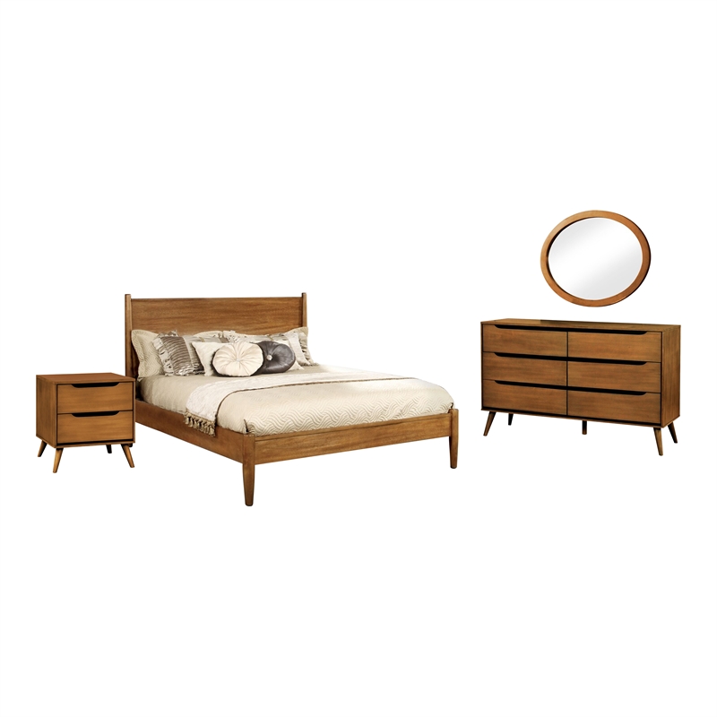 FOA Belkor 4pc Oak Wood Bedroom Set - King+Nightstand+ Dresser +Oval Mirror