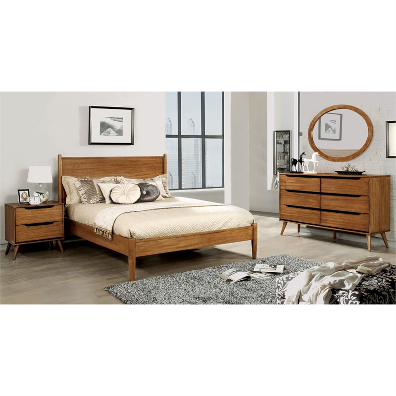 FOA Belkor 4pc Oak Wood Bedroom Set - King+Nightstand+ Dresser +Oval Mirror