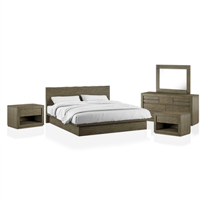 foa camile 5pc walnut wood bed set - queen + 2 nightstands + dresser + mirror