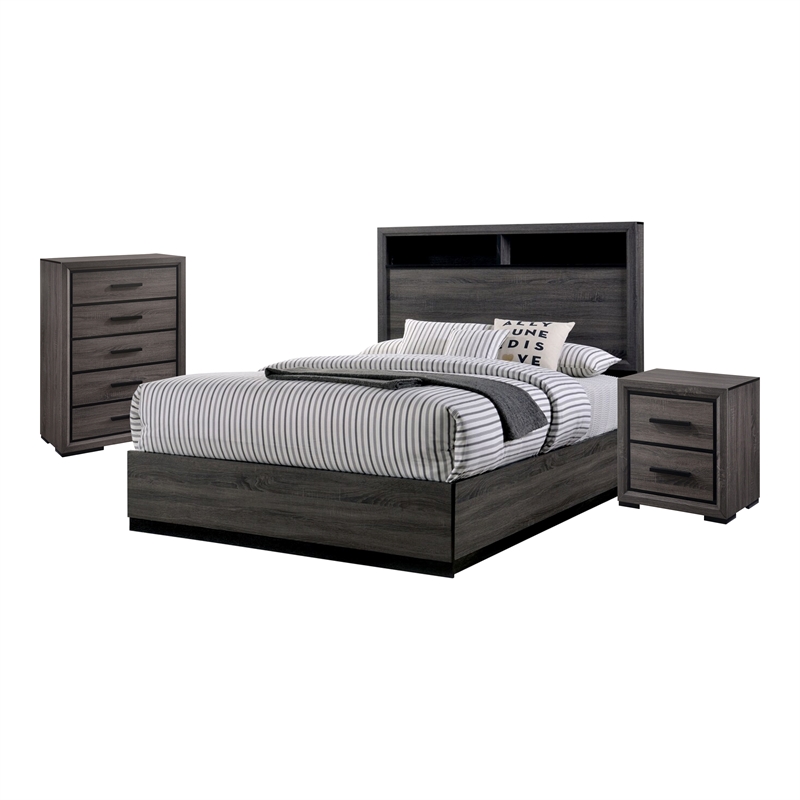 FOA Drummond 3-Piece Gray Wood Bedroom Set - Cal King + Nightstand ...