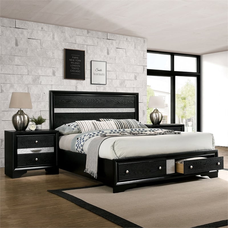 FOA Laren Contemporary 3-Piece Black Wood Bedroom Set - King + 2 Nightstands