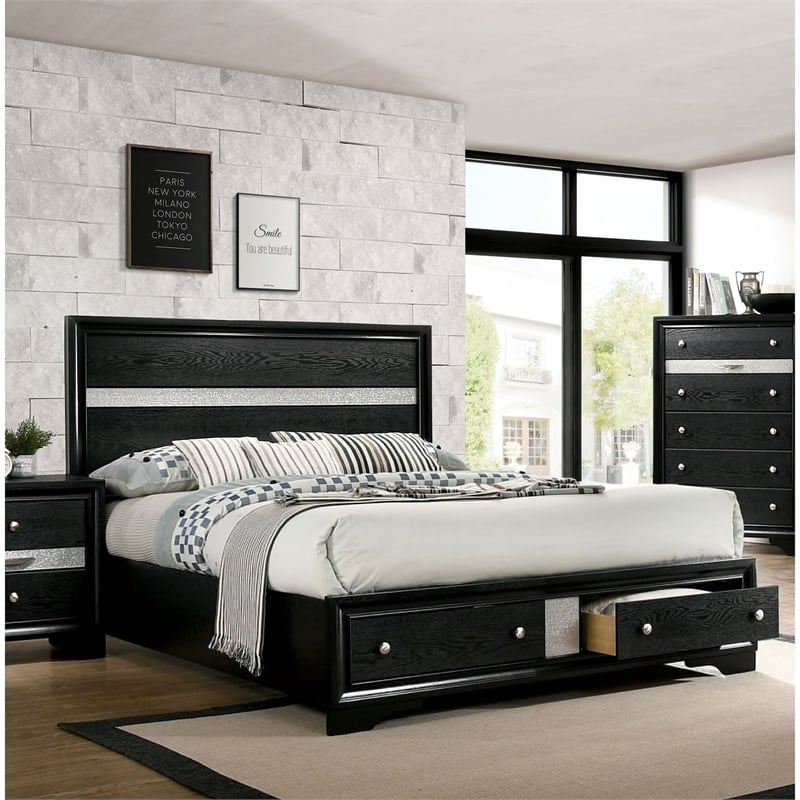 FOA Laren Contemporary 3-Piece Black Wood Bedroom Set - King + 2 Nightstands
