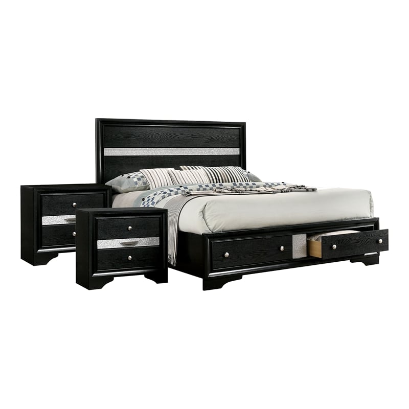 FOA Laren Contemporary 3-Piece Black Wood Bedroom Set - King + 2 Nightstands