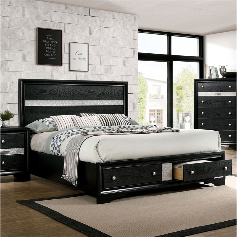 FOA Laren 3-Piece Black Wood Bedroom Set - King + Nightstand + Chest