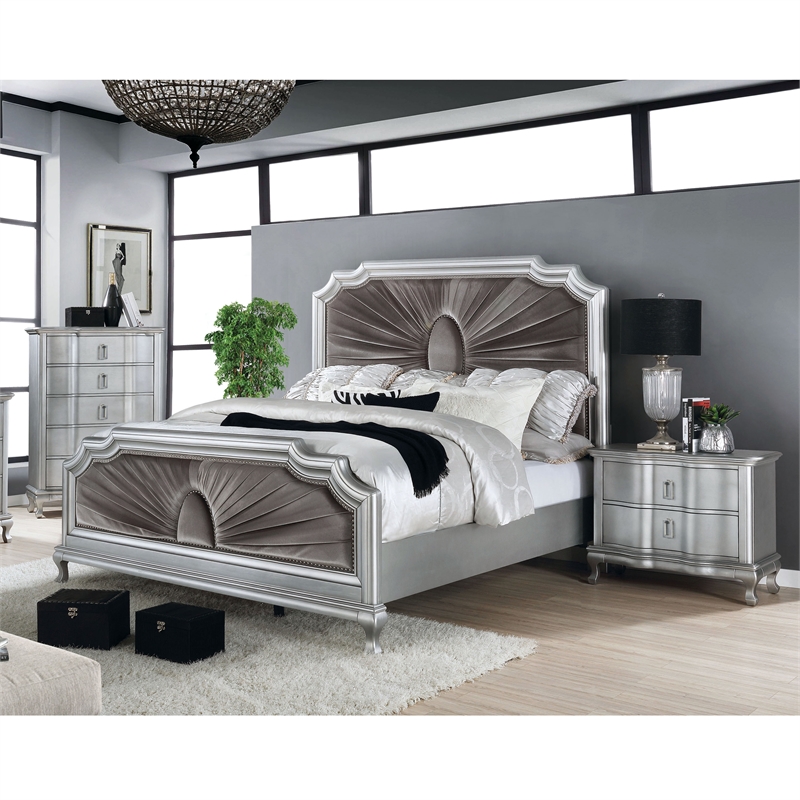 FOA Pappa Glam 3-Piece Silver Wood Bedroom Set - King + Nightstand + Chest