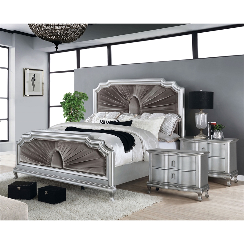 FOA Pappa Glam 3-Piece Silver Wood Bedroom Set - Queen + 2 Nightstands