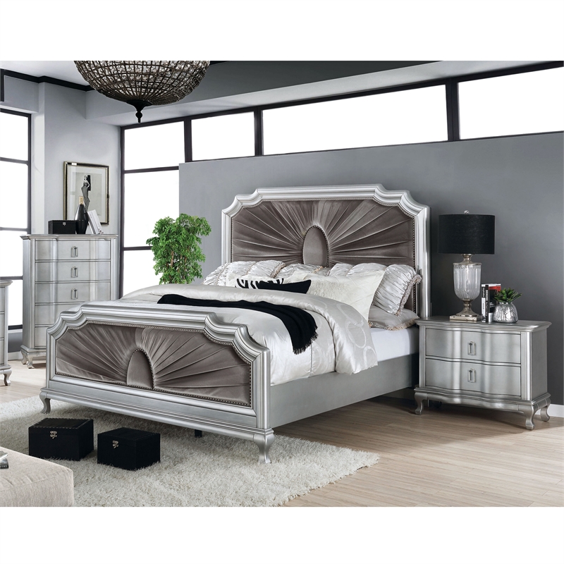 FOA Pappa Glam 3-Piece Silver Wood Bedroom Set - Queen + Nightstand + Chest