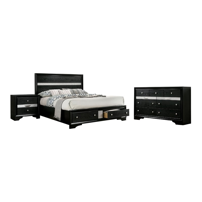 FOA Laren 3-Piece Black Wood Bedroom Set - Queen + Nightstand + Dresser