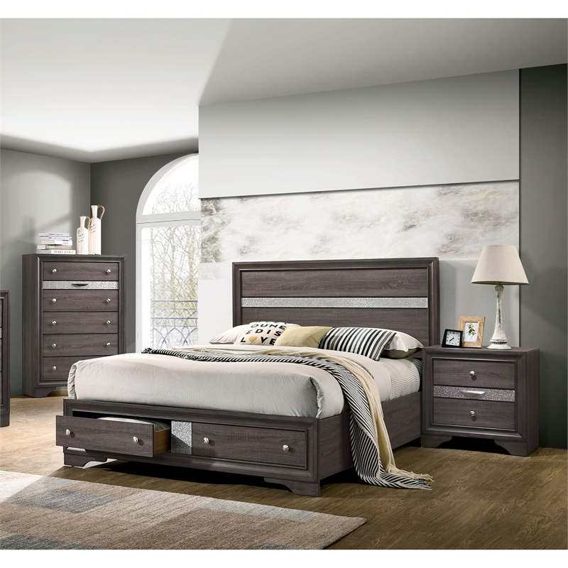 FOA Laren 3-Piece Gray Wood Bedroom Set - King + Nightstand + Chest