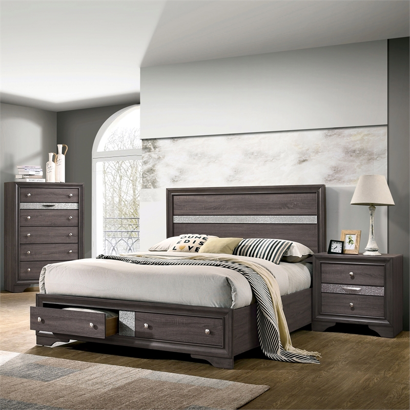 FOA Laren 3-Piece Gray Wood Bedroom Set - Queen + Nightstand + Chest