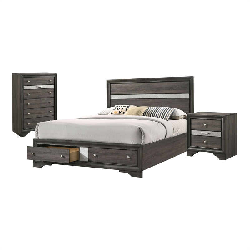 FOA Laren 3-Piece Gray Wood Bedroom Set - Queen + Nightstand + Chest