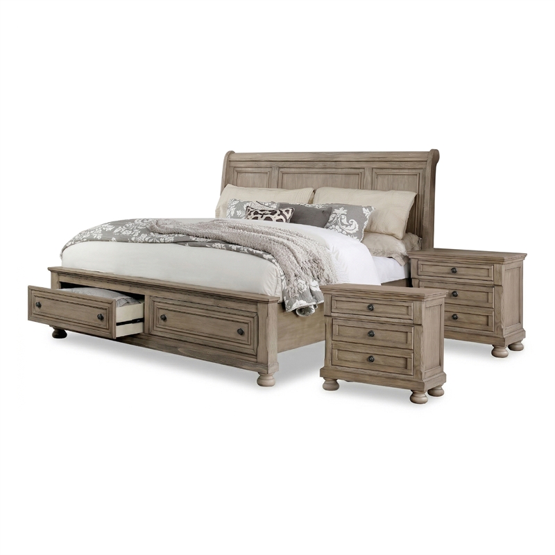 FOA Frigga Transitional 3-Piece Gray Wood Bedroom Set - Cal King + 2 Nightstands