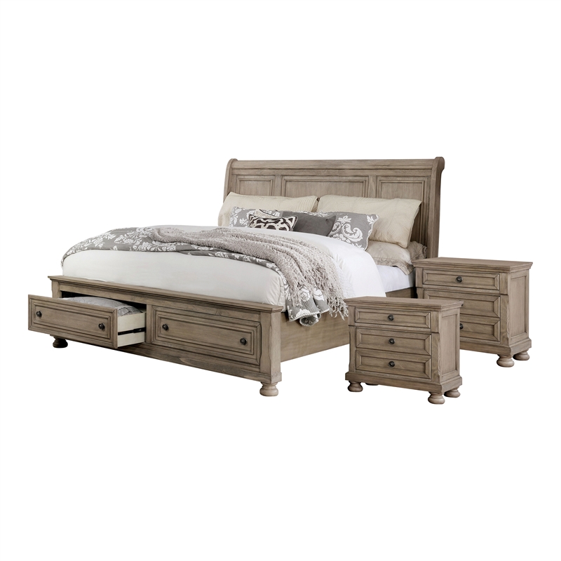 FOA Frigga Transitional 3-Piece Gray Wood Bedroom Set - King + 2 Nightstands