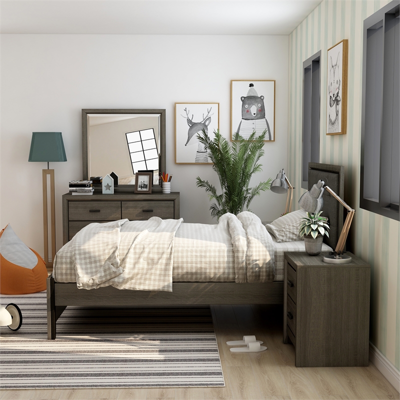FOA Livorn 5pc Gray Wood Bedroom Set - Full + 2 Nightstands + Dresser + Mirror