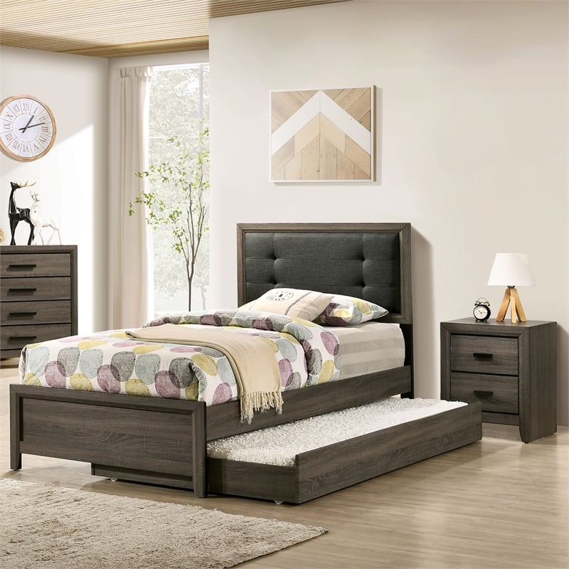 FOA Livorn 3-Piece Gray Wood Bedroom Set - Twin + Nightstand + Trundle