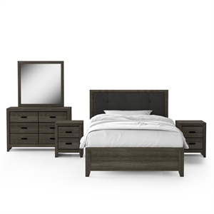 FOA Livorn 5pc Gray Wood Bedroom Set - Twin + 2 Nightstands + Dresser + Mirror
