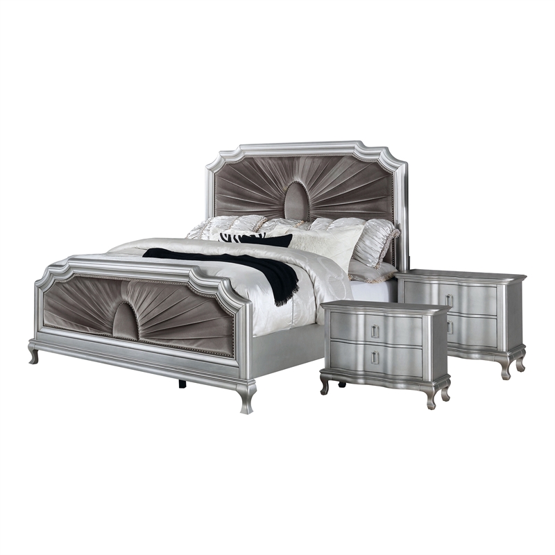 FOA Pappa Glam 3-Piece Silver Wood Bedroom Set - Cal King + 2 Nightstands