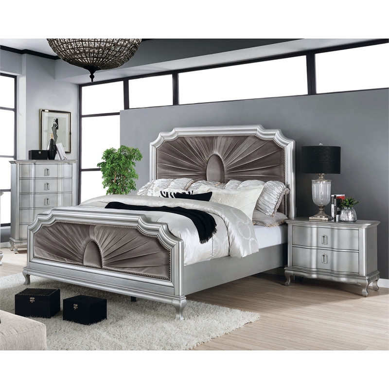 FOA Pappa Glam 3-Piece Silver Wood Bedroom Set - Cal King + Nightstand + Chest