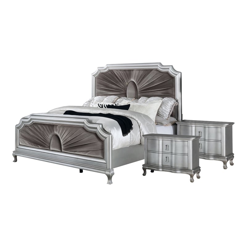FOA Pappa Glam 3-Piece Silver Wood Bedroom Set - King + 2 Nightstands