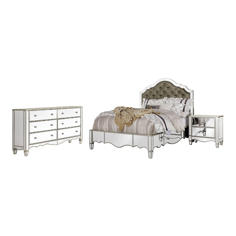 FOA Gavvi Glam 3-Piece Silver Wood Bedroom Set - Queen + Nightstand + Dresser