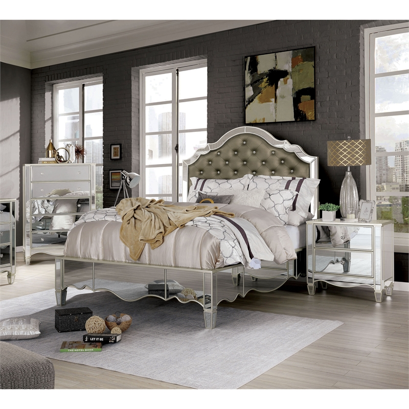 FOA Gavvi Glam 3-Piece Silver Wood Bedroom Set - Queen + Nightstand + Chest