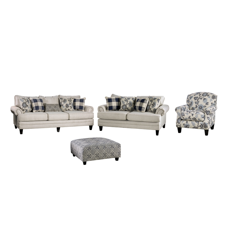 Furniture of America Calistoga Fabric 4pc Sofa Set with Floral Ottoman in Ivory