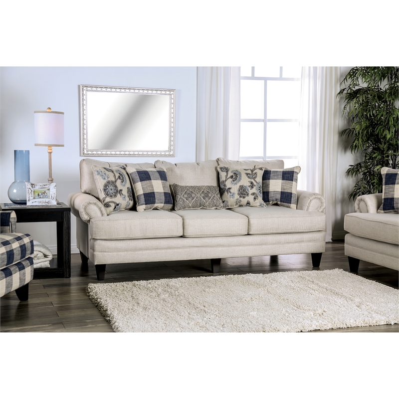Furniture of America Calistoga Fabric Ivory 4pc Sofa Set with Checkered Ottoman
