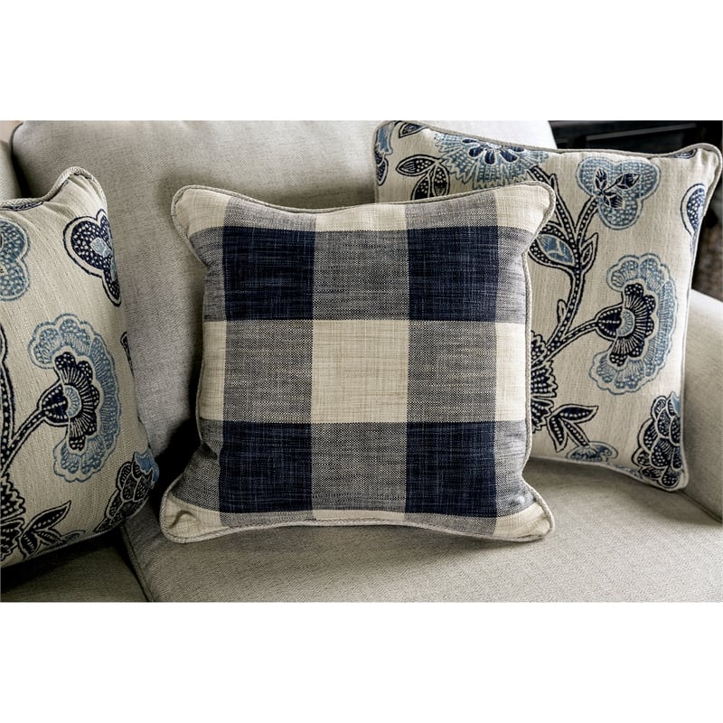 Furniture of America Calistoga Fabric Ivory 4pc Sofa Set with Checkered Ottoman