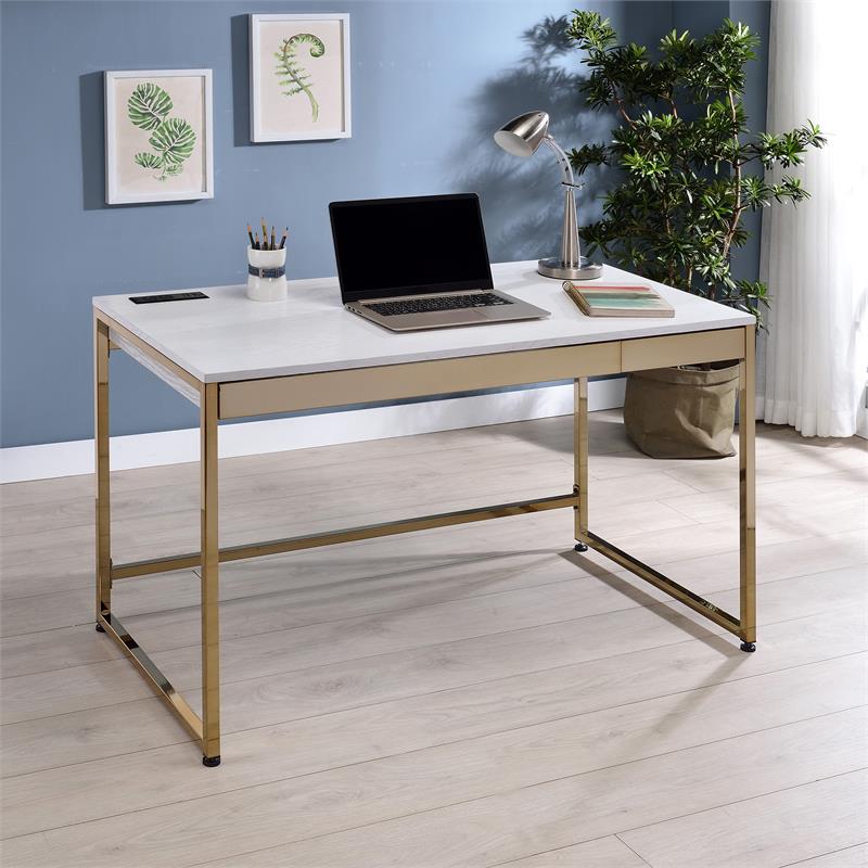 Furniture of America Abair 2-Piece White Metal Desk with USB and Chair Set