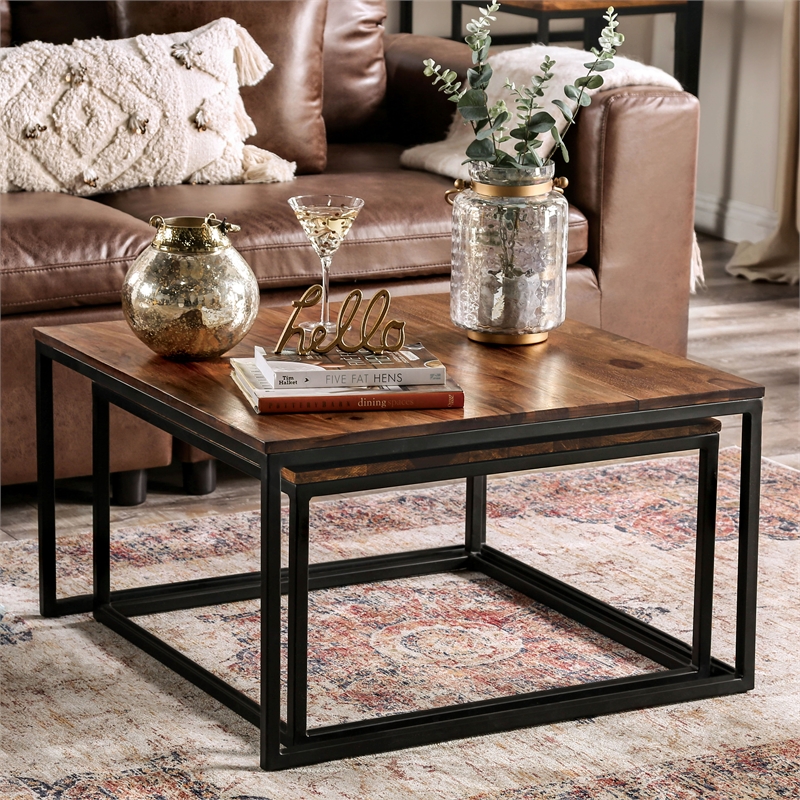 Furniture of America Druze Wood 2-Piece Nesting Table Set in Natural Oak