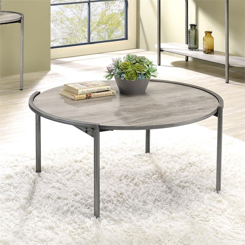 Furniture of America Mordicai Metal Round Coffee Table in Light Gray