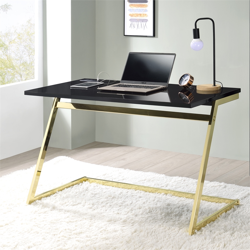 Furniture of America Cornica Metal Writing Desk with USB in Black and Brass