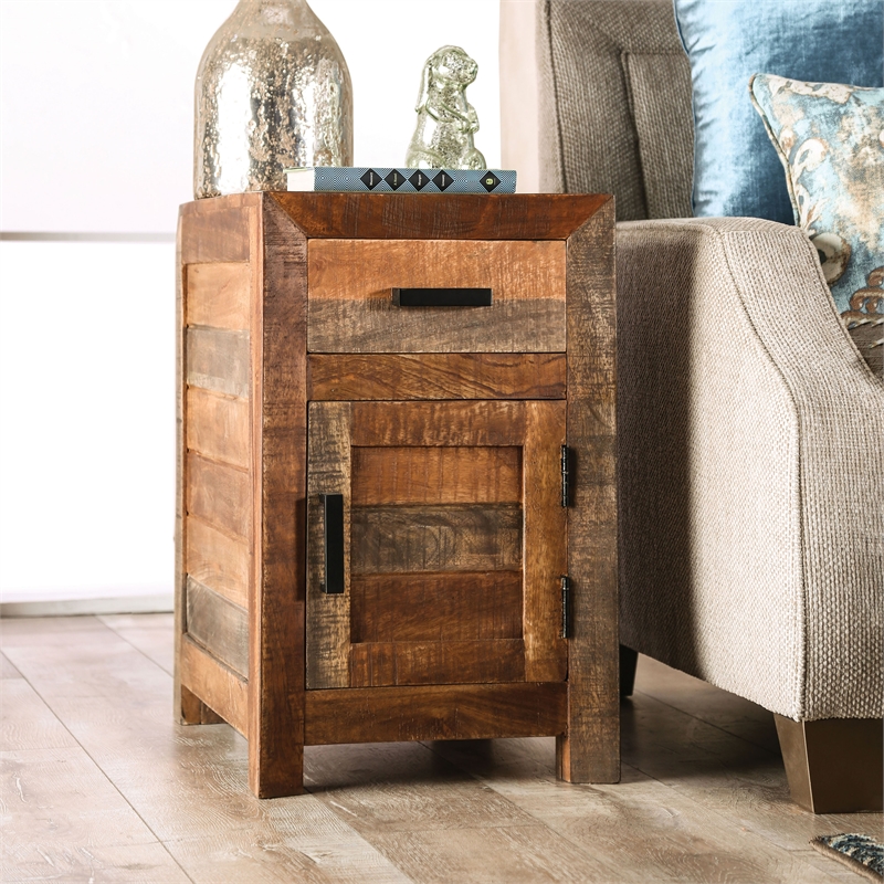 Furniture of America Ruga Rustic Solid Wood Storage Side Table in Natural Tone