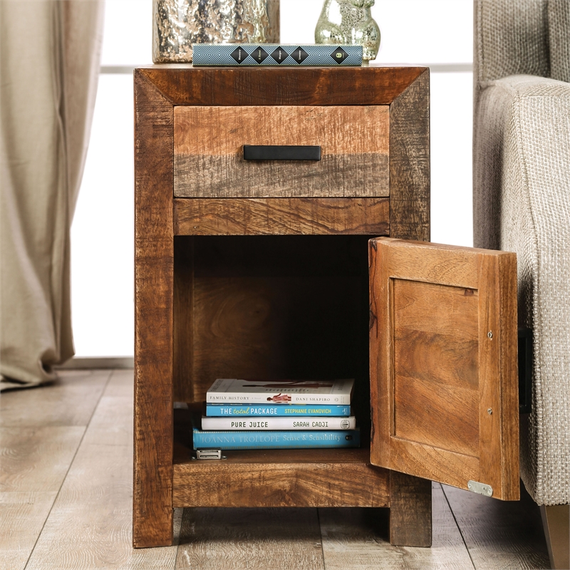 Furniture of America Ruga Rustic Solid Wood Storage Side Table in Natural Tone