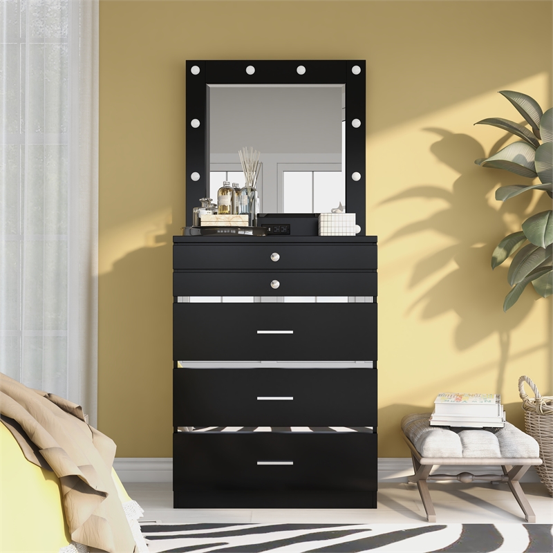 Furniture of America Lita Contemporary Wood Vanity Chest with Mirror in Black