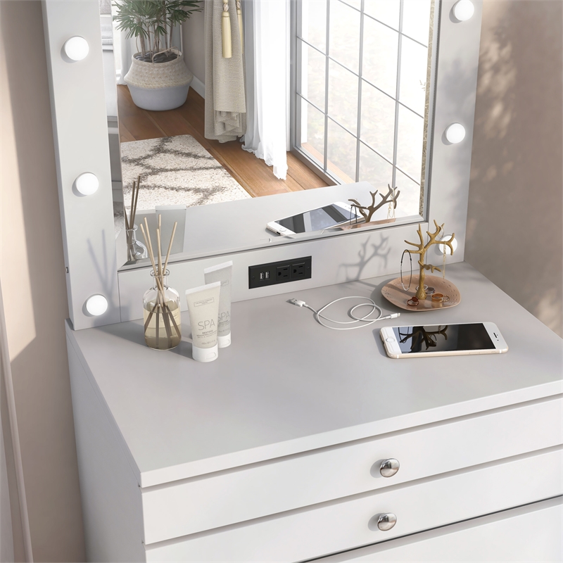 Furniture of America Lita Contemporary Wood Vanity Chest with Mirror in White