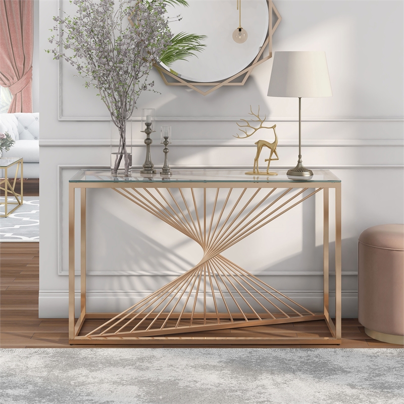 Furniture of America Lesto Contemporary Glass Top Console Table in Gold