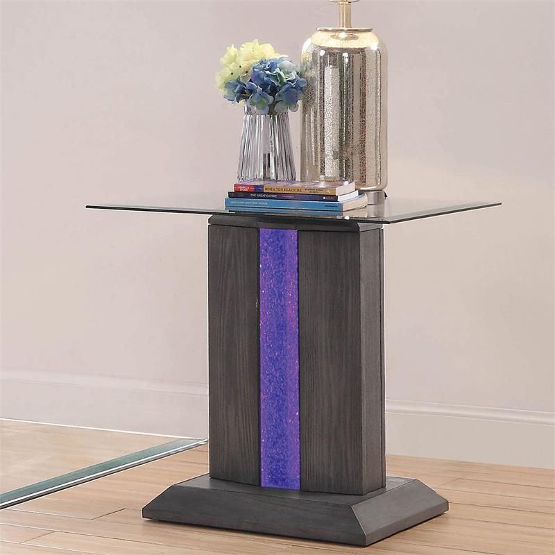 Furniture of America Syracuse Wood and Glass End Table with LED Light in Gray
